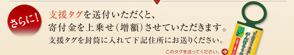 支援タグを送付いただくと、寄付金を上乗せ（増額）させていただきます。支援タグを封筒に入れて下記住所にお送りください。